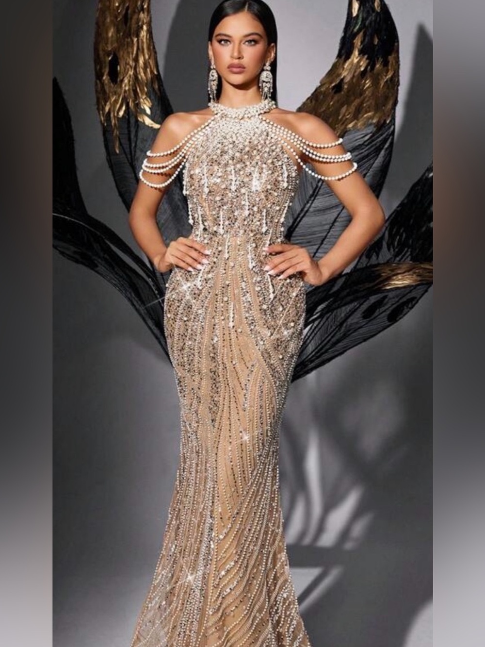 Embellished Nude Evening Gown with Pearl Shoulder Straps